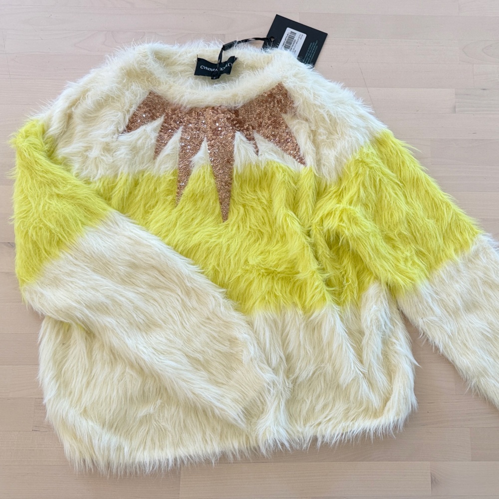 NWT Cynthia Rowley Cream and Yellow Fuzzy Sweater